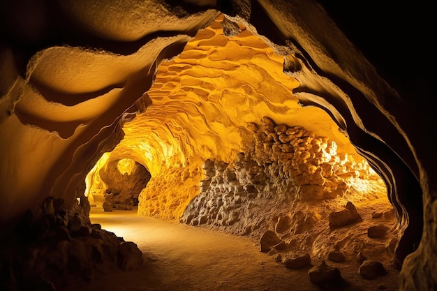A cave with yellow walls and a light on the ceiling
