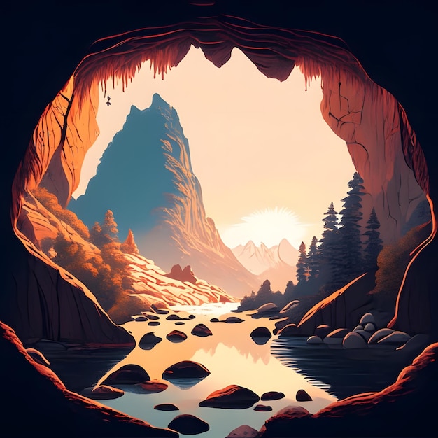 a cave witha river between the mountains scenery