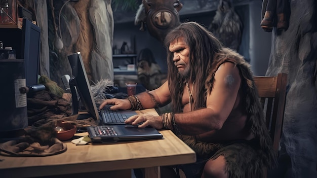 A caveman working at a computer Generative AI