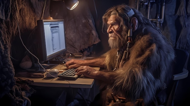 A caveman working at a computer Generative AI