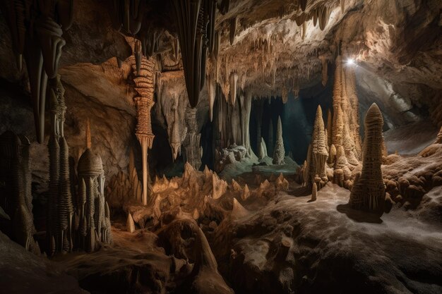 Cavern with intricate stalactite and stalagmite formations created with generative ai