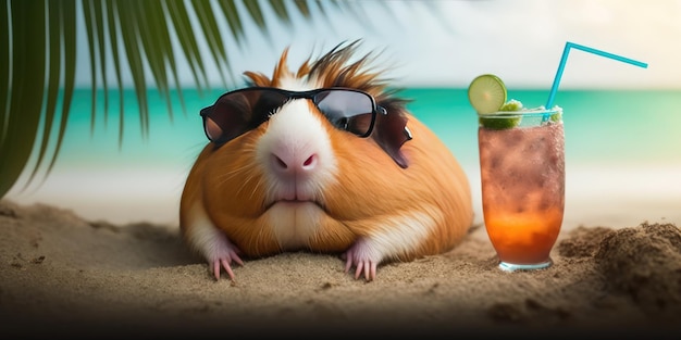 Cavia is op zomervakantie in badplaats en ontspant op zomerstrand