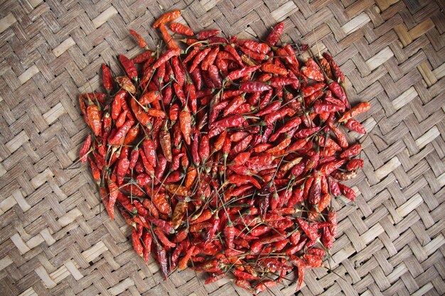 Cayenne pepper being dried in the sun on a woven surface