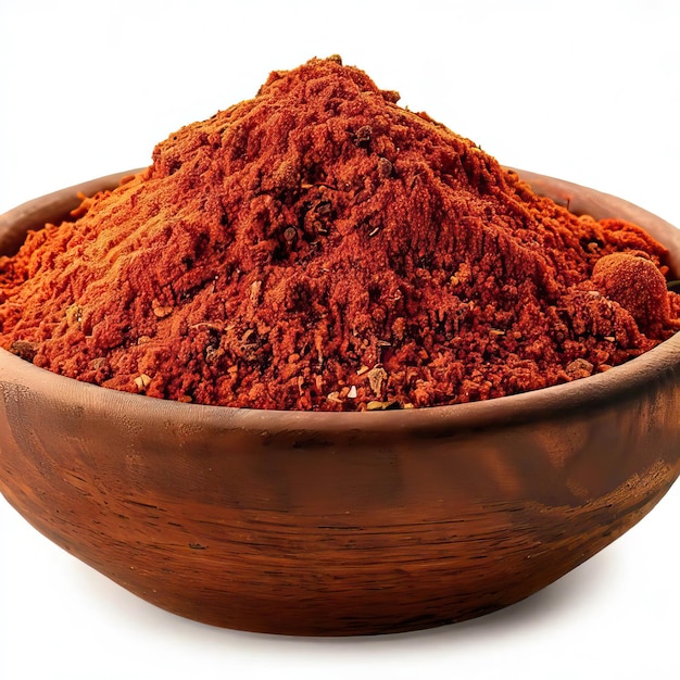 Photo cayenne pepper in wood bowl on a white background generative ai