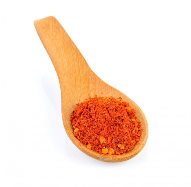 Cayenne pepper in wood spoon on white isolated