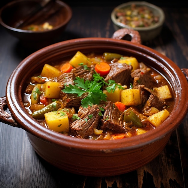 카수엘라 고기, 채소, 향신료 가 들어 있는 전통적 인 맛 있는 요리