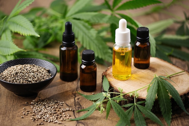 CBD hemp oil in a bottles and hemp seeds with cannabis leaf on wooden background Hemp herbal alternative medicine