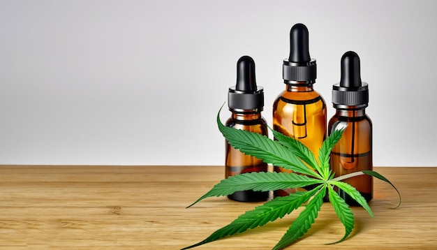 cbd oil bottles and green plant of cannabis on a wooden background herbal medicine generative ai