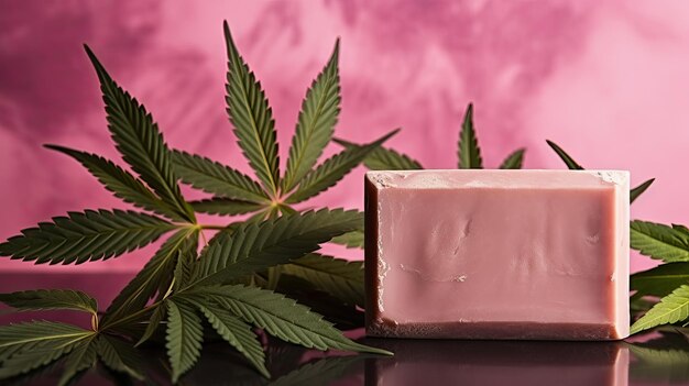Photo cbd soap with blank label surrounded by cannabis leaves on a pink backdrop mockup image