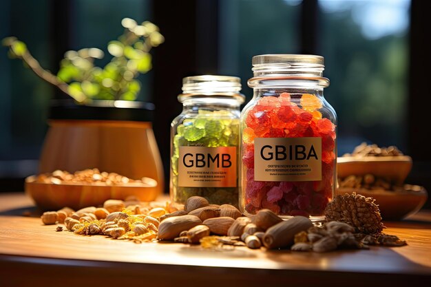 Cbg gummies two jars filled with different types of gums on a wooden table in front of a pot full of other gums