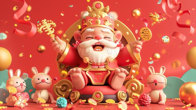 CCNY caishen and bunny illustration God of wealth is sitting on gold ingot with festive decorations around him