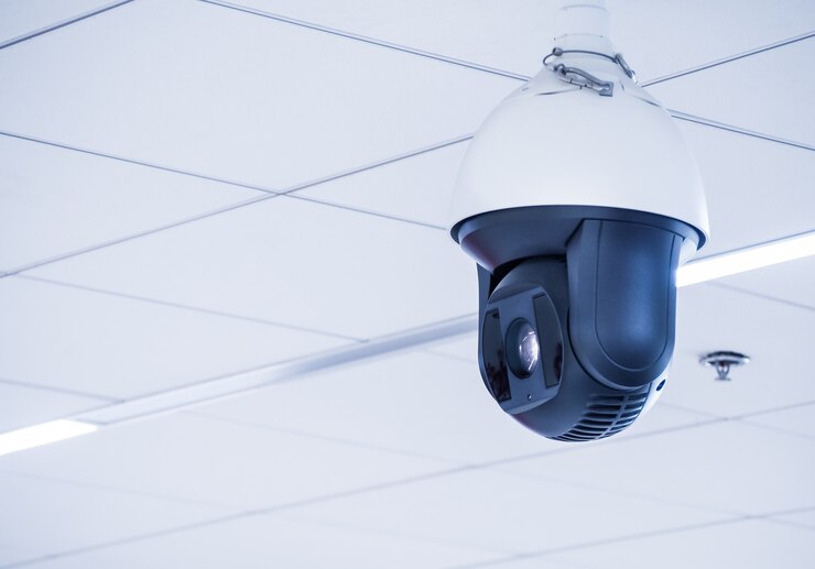 CCTV-camera aan het plafond in het kantoorgebouw. En verschillende openbare plaatsen.