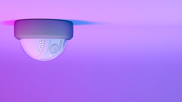 Cctv camera in neon purple lighting, 3d illustration