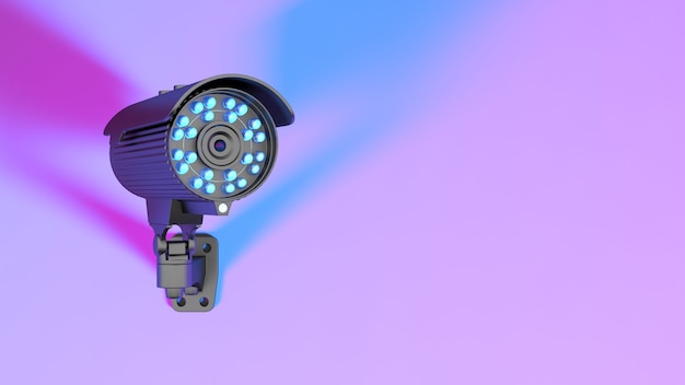 Камера видеонаблюдения в неоновом фиолетовом освещении, 3d иллюстрация