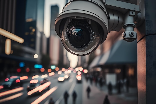 CCTV Camera of bewaking op straat en gebouw 's nachts Neuraal netwerk AI gegenereerd