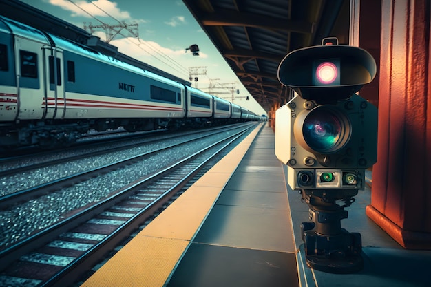 CCTV Camera Operating on train station platform Neural network AI generated