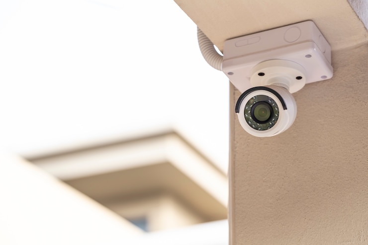 Photo cctv on the pillar of a house on white background