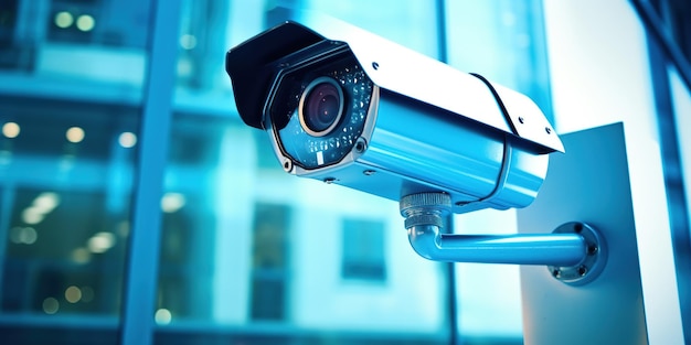 CCTV security camera on blue office building blurry background copy space