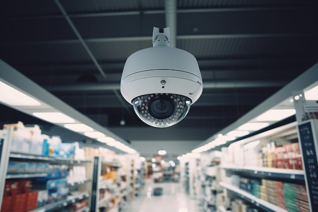 CCTV security camera on the ceiling of a grocery Ai generative