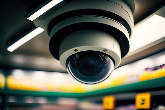 CCTV security camera on the ceiling of a grocery store