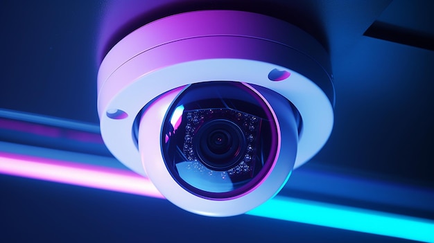 Cctv security camera on the ceiling surface in neon light