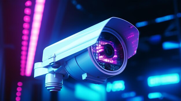 네온 불빛으로 천장 표면에 CCTV 보안 카메라