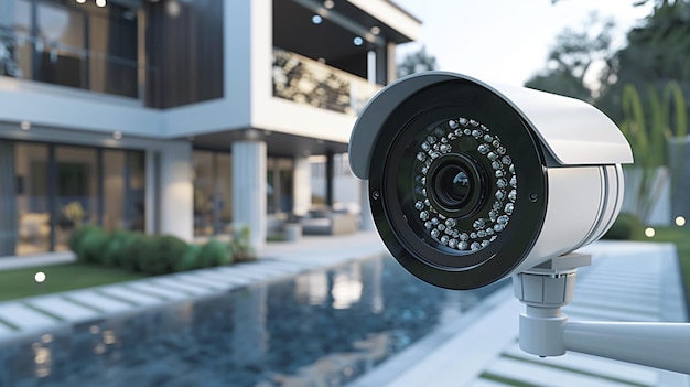 Photo cctv security camera in front of house for security and safety concept