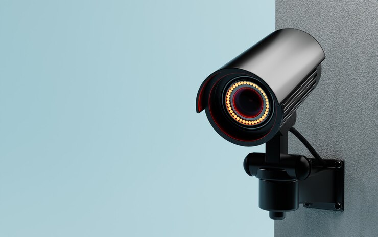 CCTV Security camera geïsoleerd op de muur op blauwe achtergrond. Veilige en beveiligde technologie binnen het concept van onroerend goed en huiseigenaar. Ruimte kopiëren. 3D illustratie weergave