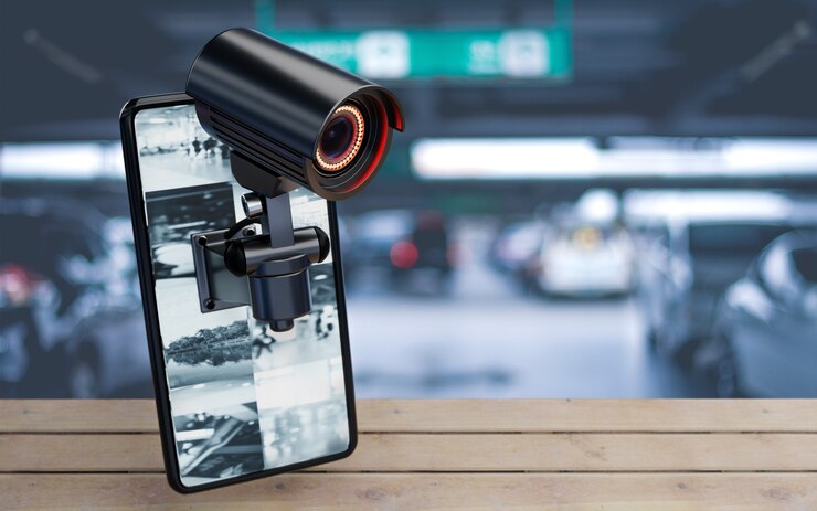 Photo cctv security camera on smartphone in parking lot at home resident background. safe and secure technology inside property and homeowner concept. copy space. 3d illustration rendering