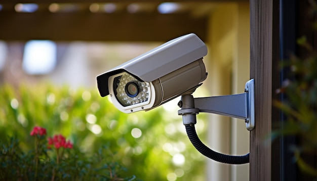 CCTV security camera system being used for surveillance purposes placed on a brick wall with copy