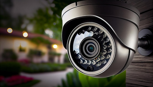 외부 안전 시스템을 위해 벽에 설치된 타워형 주택 및 주택 건물의 CCTV 감시 보안 카메라 장비 Generative AI
