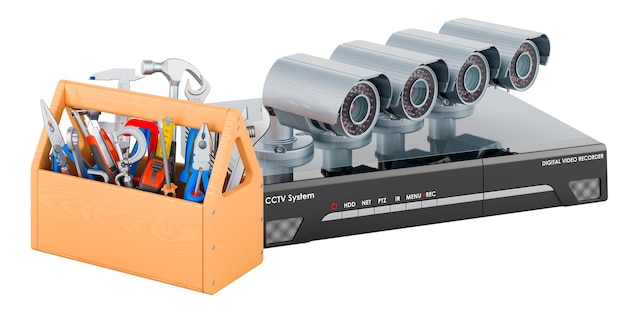 CCTV system digital video recorder with tool box Repair and service of CCTV system digital video recorders 3D rendering