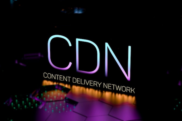 CDN コンテンツ配信ネットワーク テキスト コンセプト ネオンCDN ネットワーク インフラストラクチャ 3D レンダリング