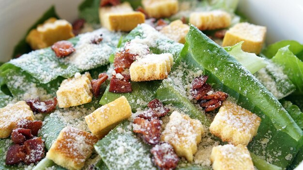 Foto ceasar salade dichtbij spek groene groente kaas en crouton