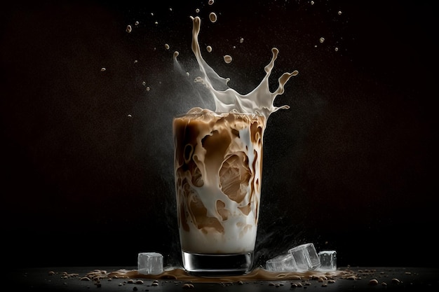 Ced coffee with milk and ice against a gray background