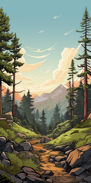 Cedar Forest In Rocky Mountains Detailed Comic Book Art With 8k Resolution