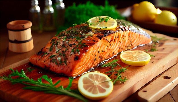 Cedar plank grilled or roasted salmon with herbs garlic and spices Generative AI