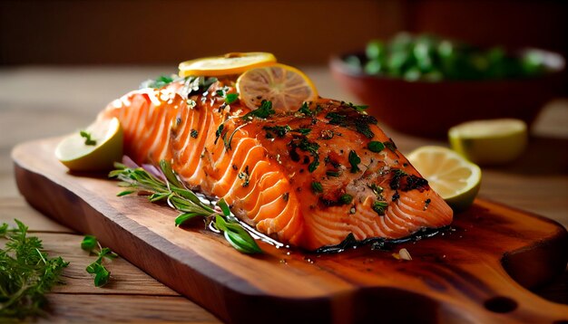 Cedar plank grilled or roasted salmon with herbs garlic and spices Generative AI