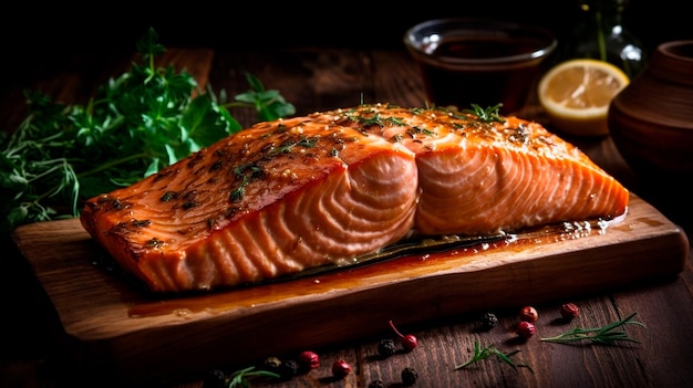 Cedar plank grilled or roasted salmon with herbs garlic and spices Generative AI