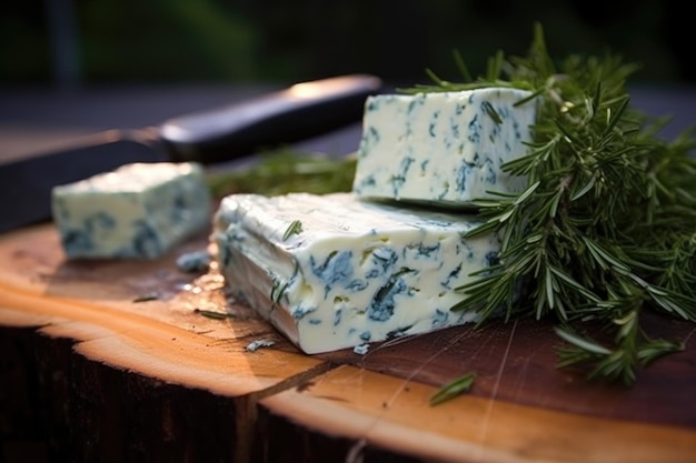 Cedar plank grilling blue cheese on outdoor barbecue