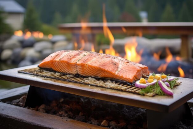 Cedar plank salmon with grill lid open fire in background created with generative ai