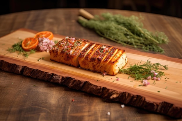 Cedar plank with grill marks and melting halloumi created with generative ai
