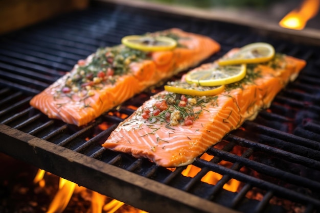 Photo cedar plank with raw salmon fillet on grill