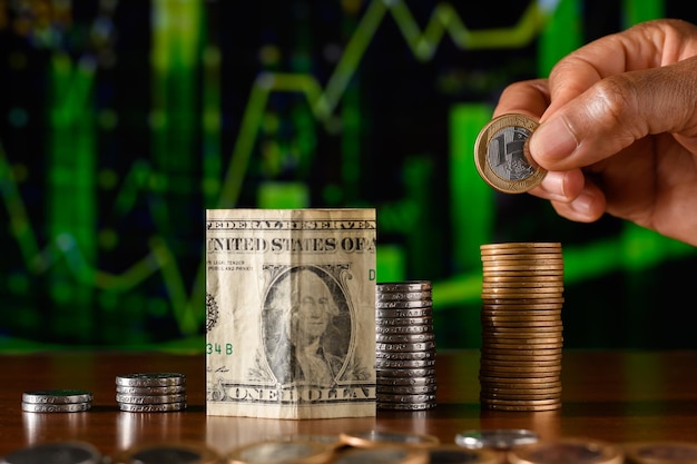 Photo cedula of a us dollar and a brazilian currency on a financial chart valuation of the brazilian curr