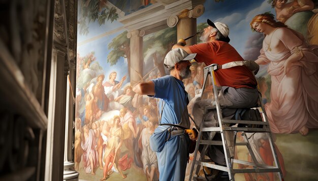 the ceiling of a church is painted with paintings