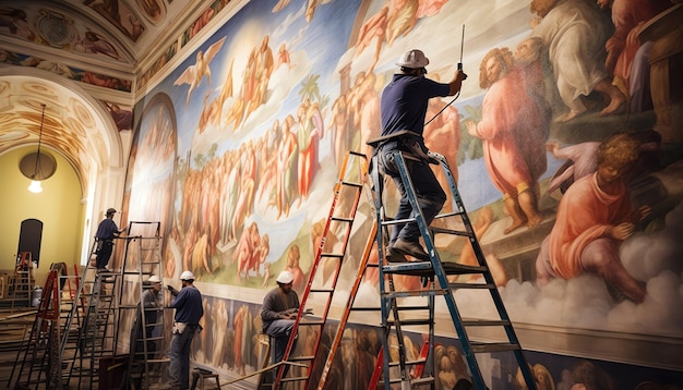 the ceiling of a church is painted with paintings