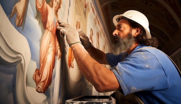 the ceiling of a church is painted with paintings