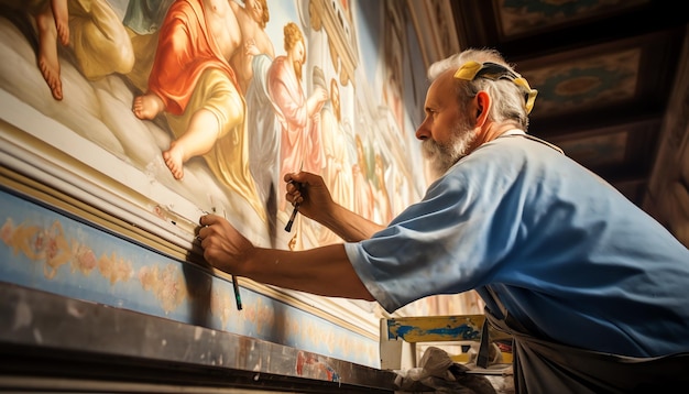 the ceiling of a church is painted with paintings