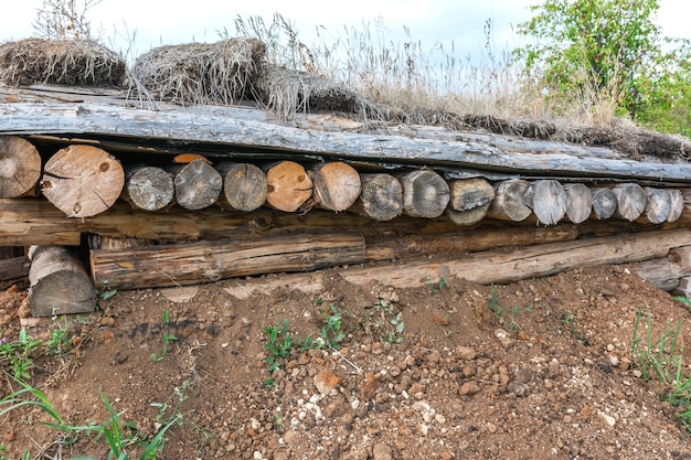 The ceiling of the dugout for soldiers is made in the form of a flooring made of logs