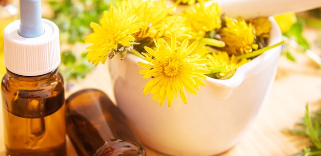 Celandine dandelion extract in a littel bottle, treatment, medicine, tincture. selective focus.nature